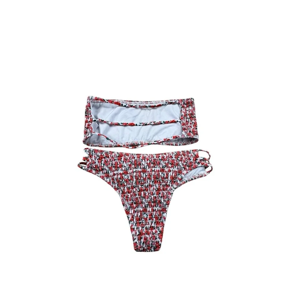 Unbranded Floral Smocked Bikini Set Red White‎ Bandeau Top High Cut S